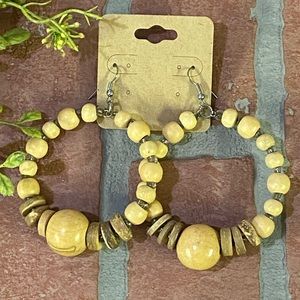 Fashion Large Tan Wood Beaded Statement Earrings Hook Backs